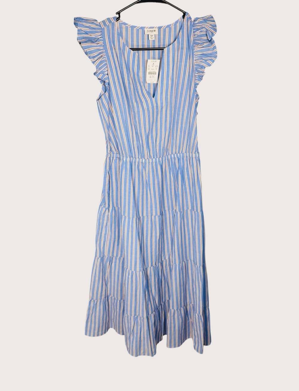 NWT J. Crew Ruffle Sleeve Tiered Midi Dress in Blue White Stripe Sz 0P